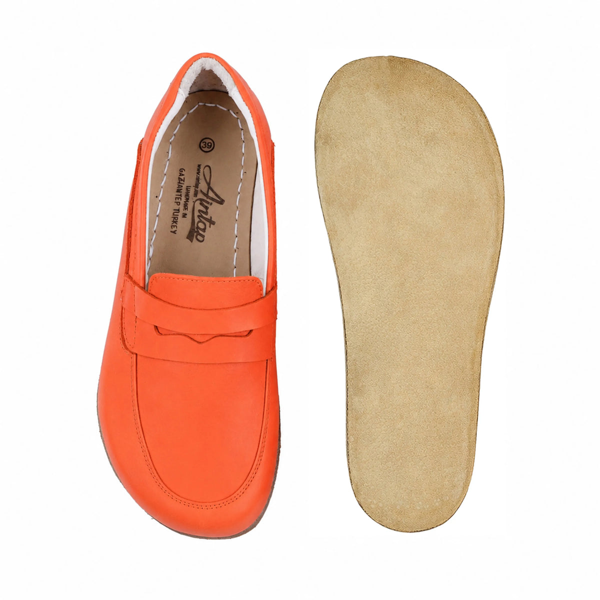 Smooth Barefoot Penny Loafer Shoes – Classic Sole — Leather Sole – Orange