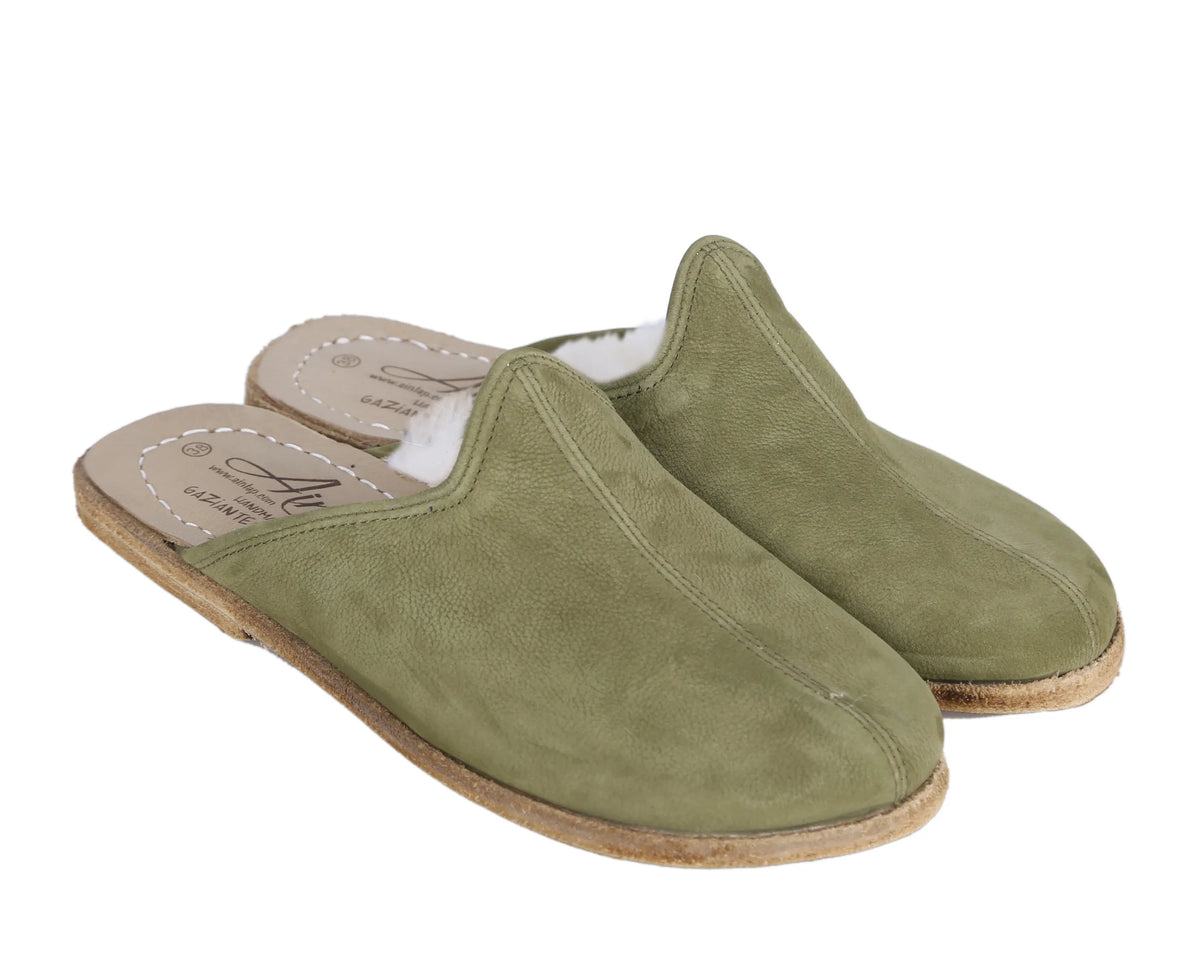 Nubuck Barefoot Shearling Sandals Shoes – Classic Sole — Leather Sole – Green