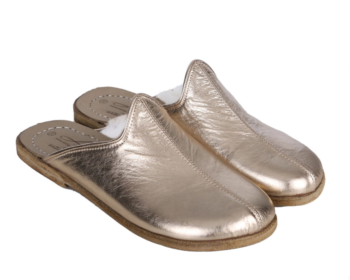 Bright Barefoot Shearling Sandals Shoes – Classic Sole — Leather Sole – Gold
