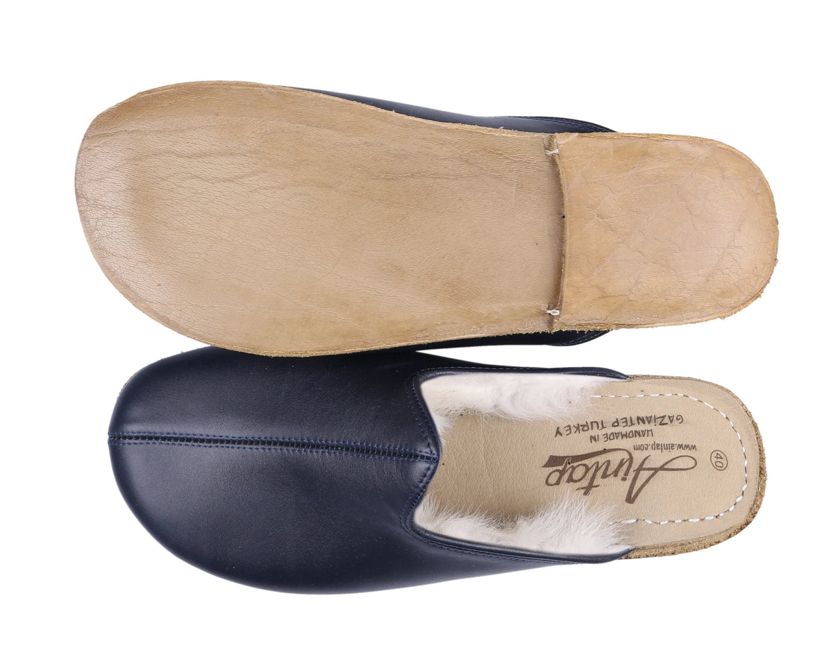 Smooth Barefoot Shearling Sandals Shoes – Classic Sole — Leather Sole – Navy Blue