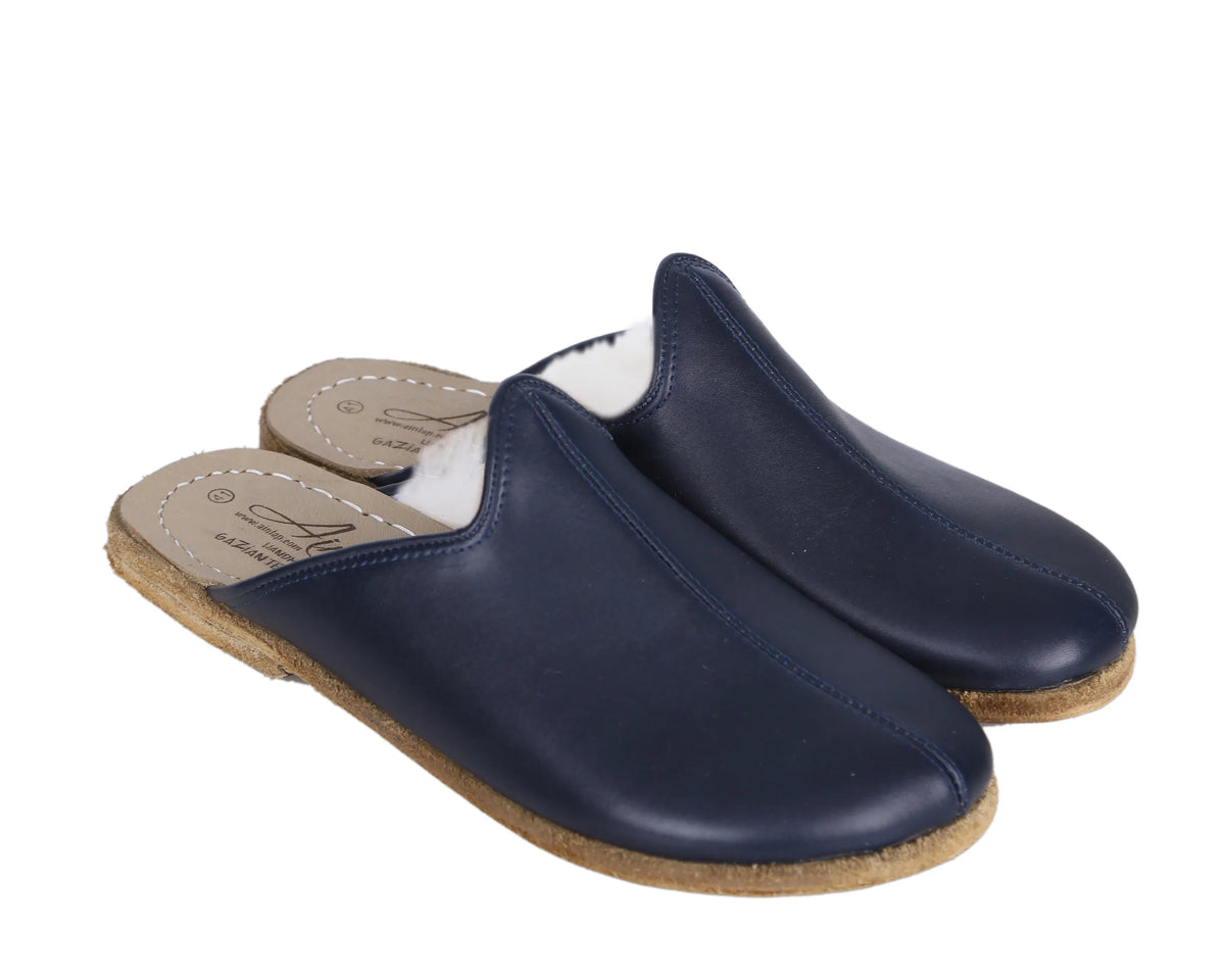 Smooth Barefoot Shearling Sandals Shoes – Classic Sole — Leather Sole – Navy Blue