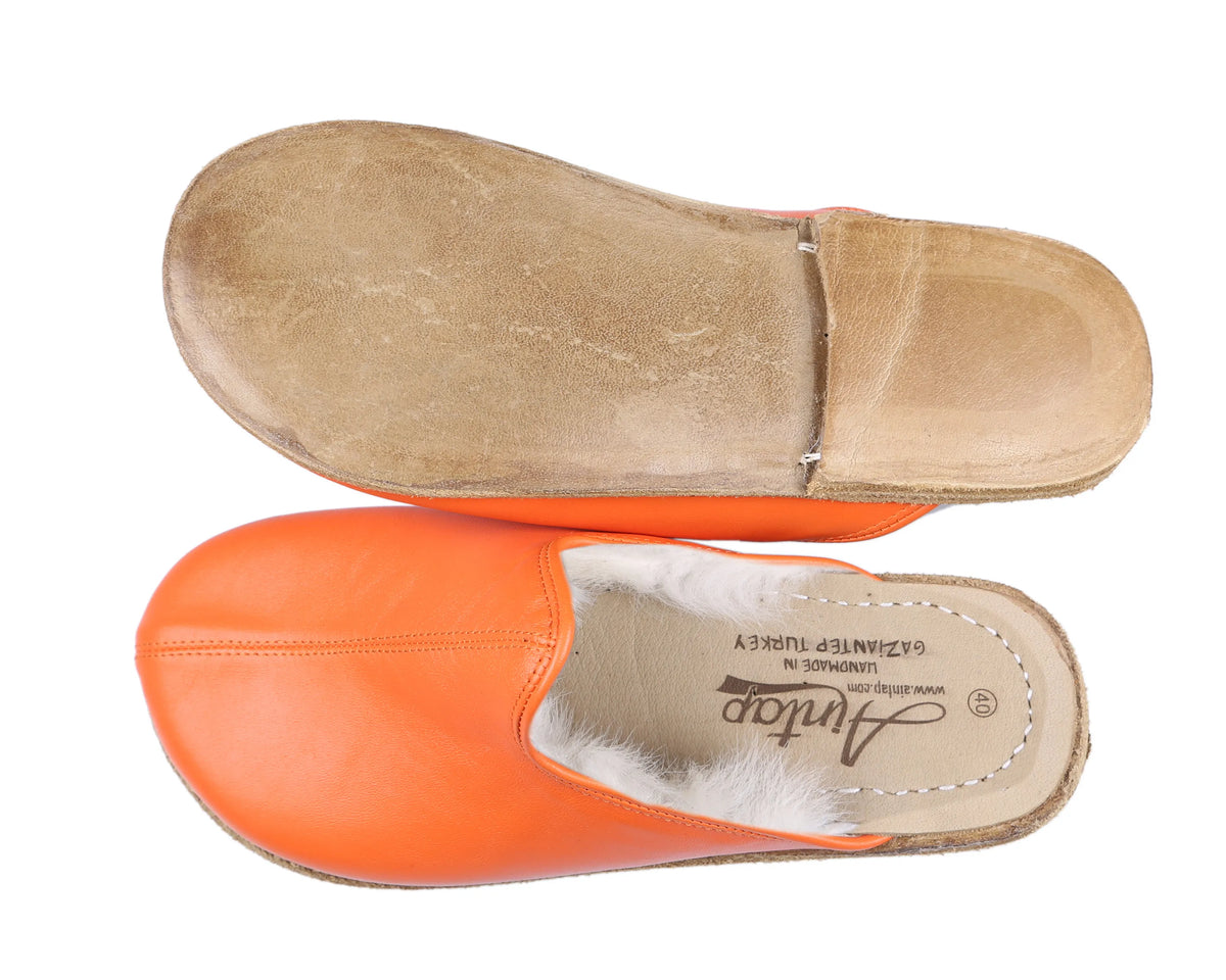 Smooth Barefoot Shearling Sandals Shoes – Classic Sole — Leather Sole – Orange