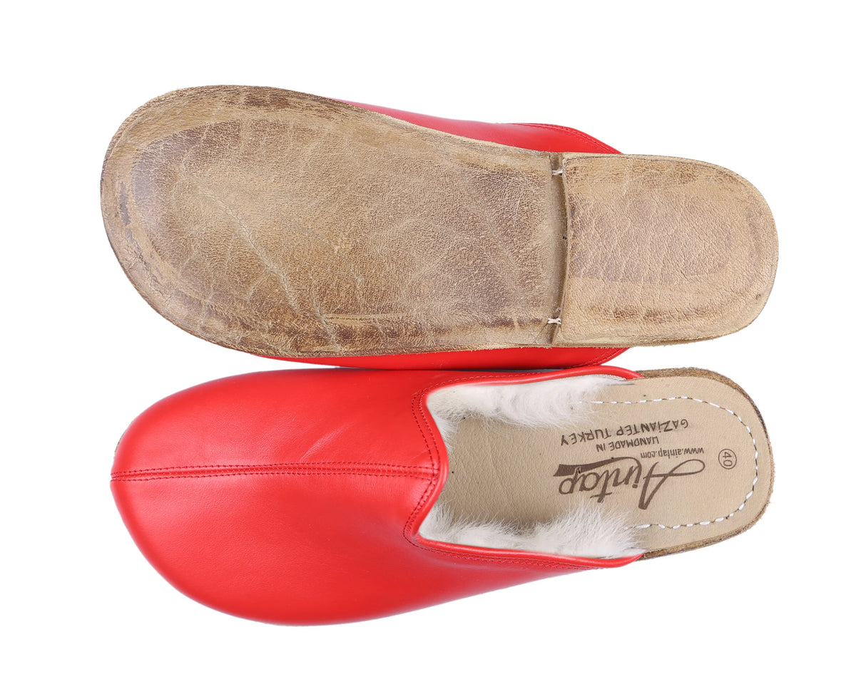 Smooth Barefoot Shearling Sandals Shoes – Classic Sole — Leather Sole – Red