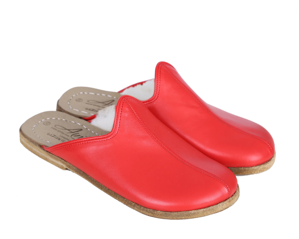 Smooth Barefoot Shearling Sandals Shoes – Classic Sole — Leather Sole – Red