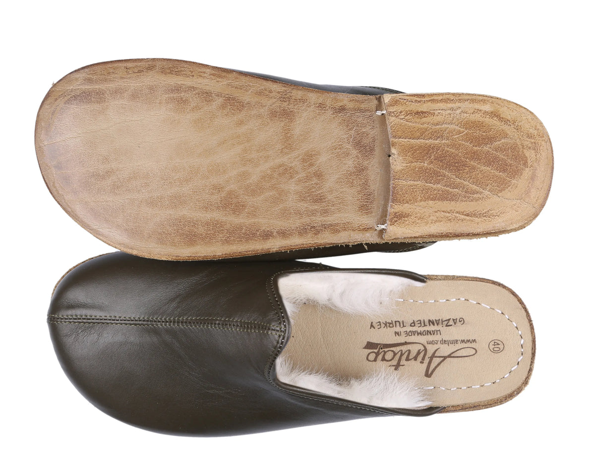 Smooth Barefoot Shearling Sandals Shoes – Classic Sole — Leather Sole – Olive Green