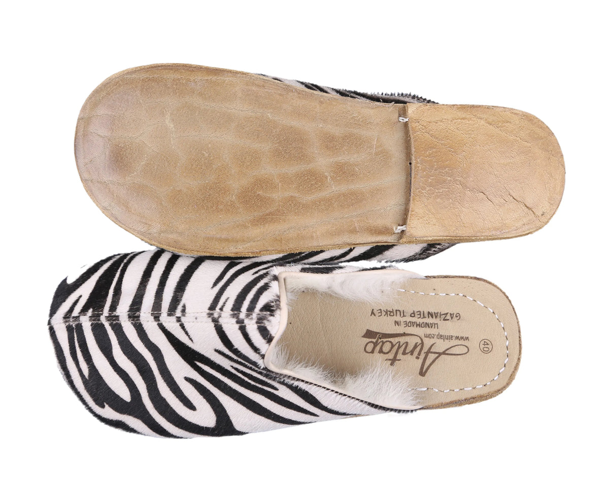 Hair Barefoot Shearling Sandals Shoes – Classic Sole — Leather Sole – Zebra
