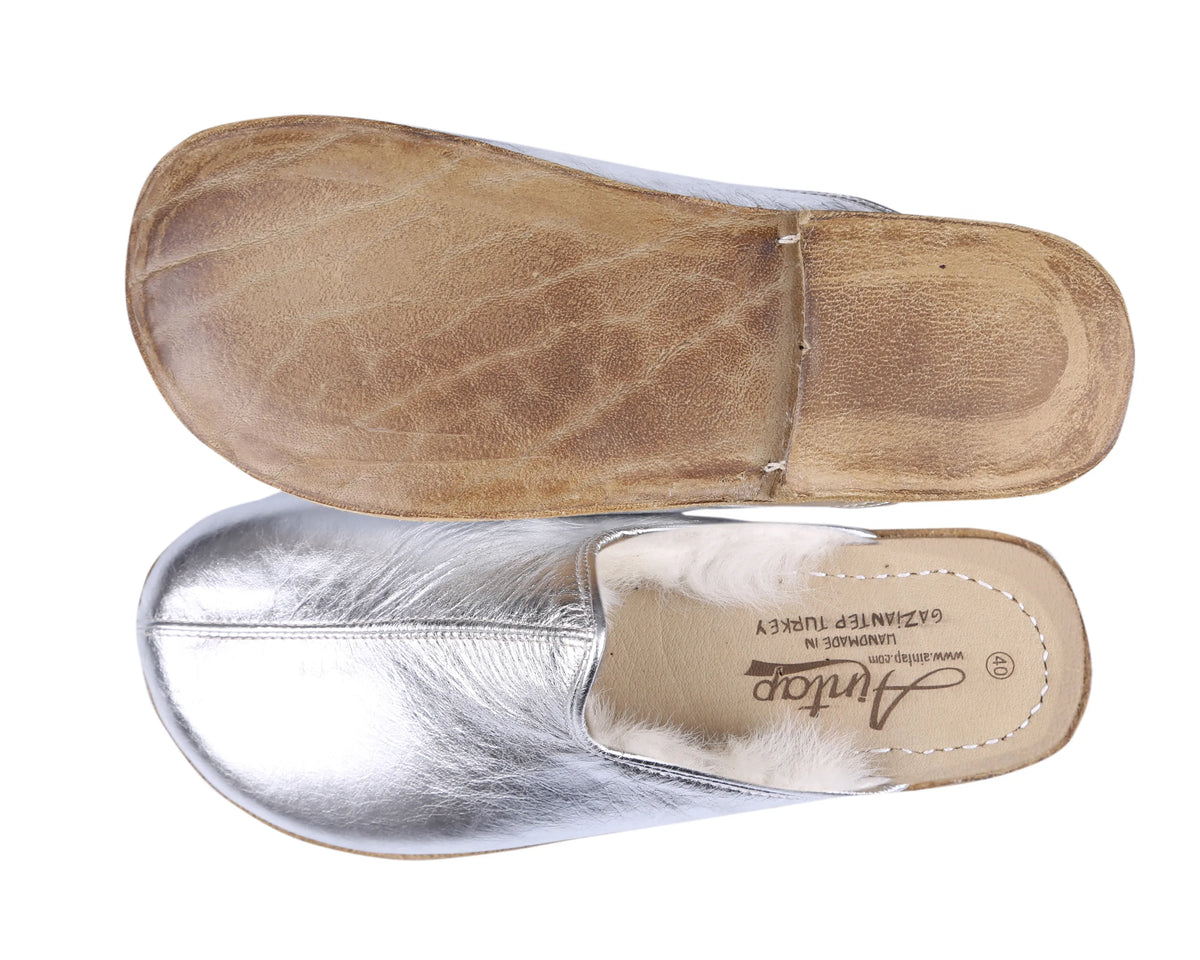 Bright Barefoot Shearling Sandals Shoes – Classic Sole — Leather Sole – Silver
