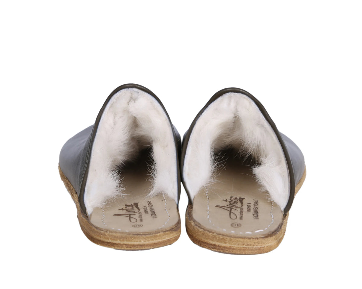 Smooth Barefoot Shearling Sandals Shoes – Classic Sole — Leather Sole – Olive Green