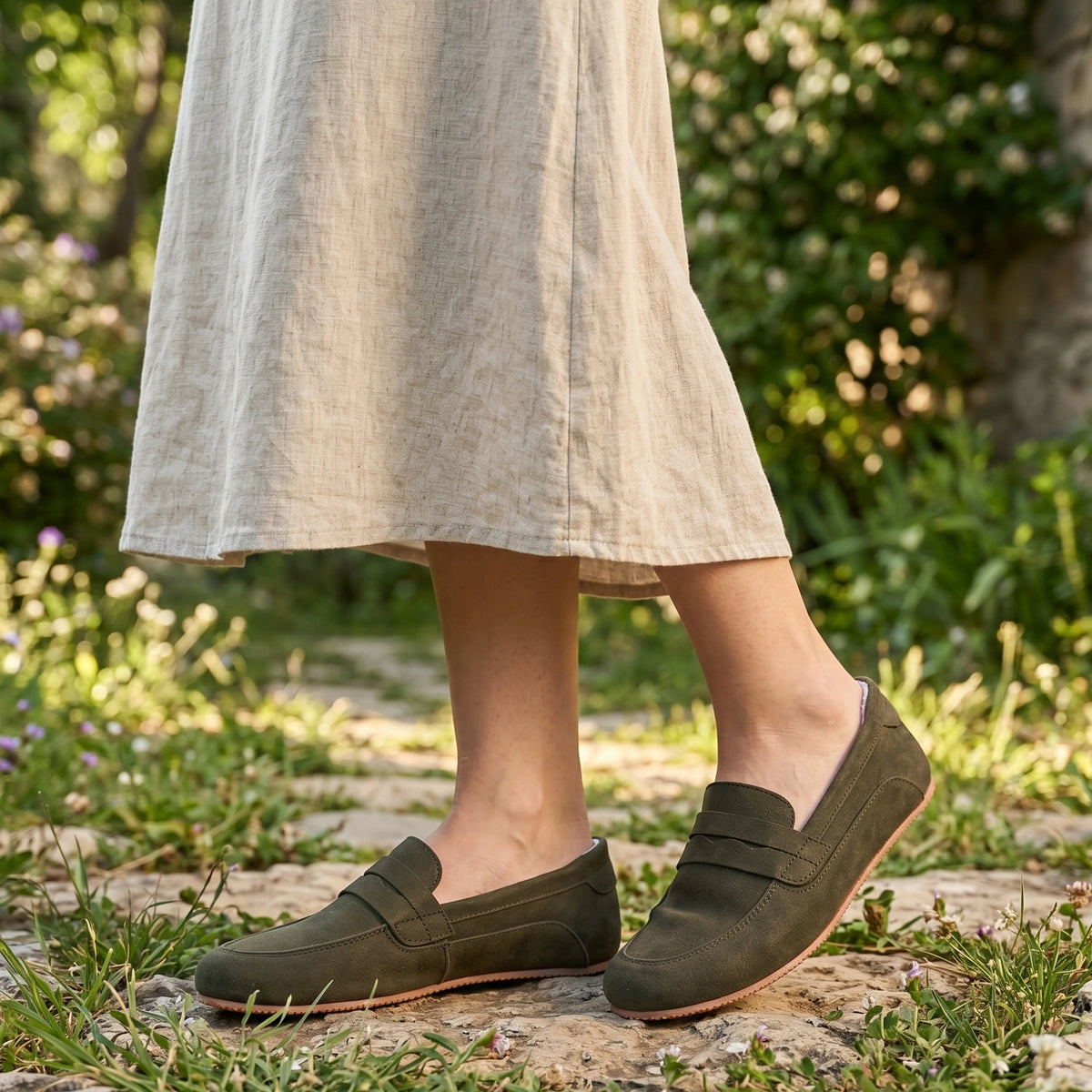 Suede Barefoot Penny Loafer Shoes – Rubber Sole – Green