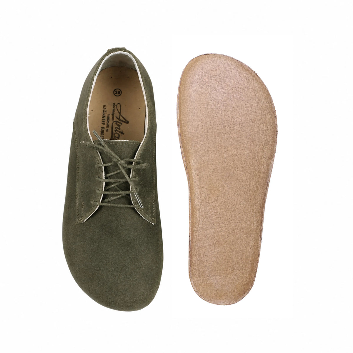 Suede Barefoot Oxford Shoes – Classic Sole — Leather Sole – Green