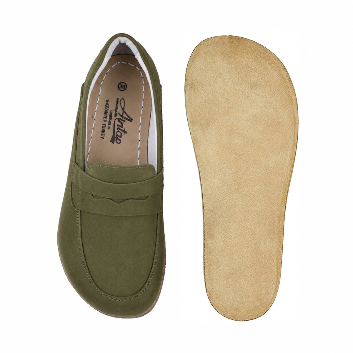 Nubuck Barefoot Penny Loafer Shoes – Classic Sole — Leather Sole – Green