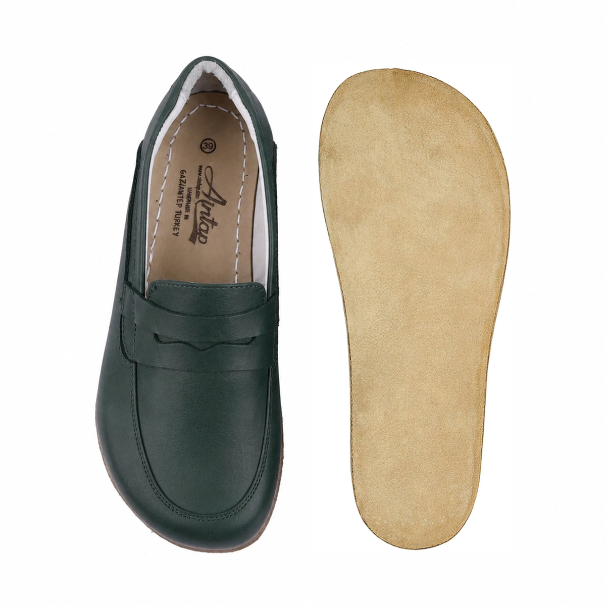 Smooth Barefoot Penny Loafer Shoes – Classic Sole — Leather Sole – Green