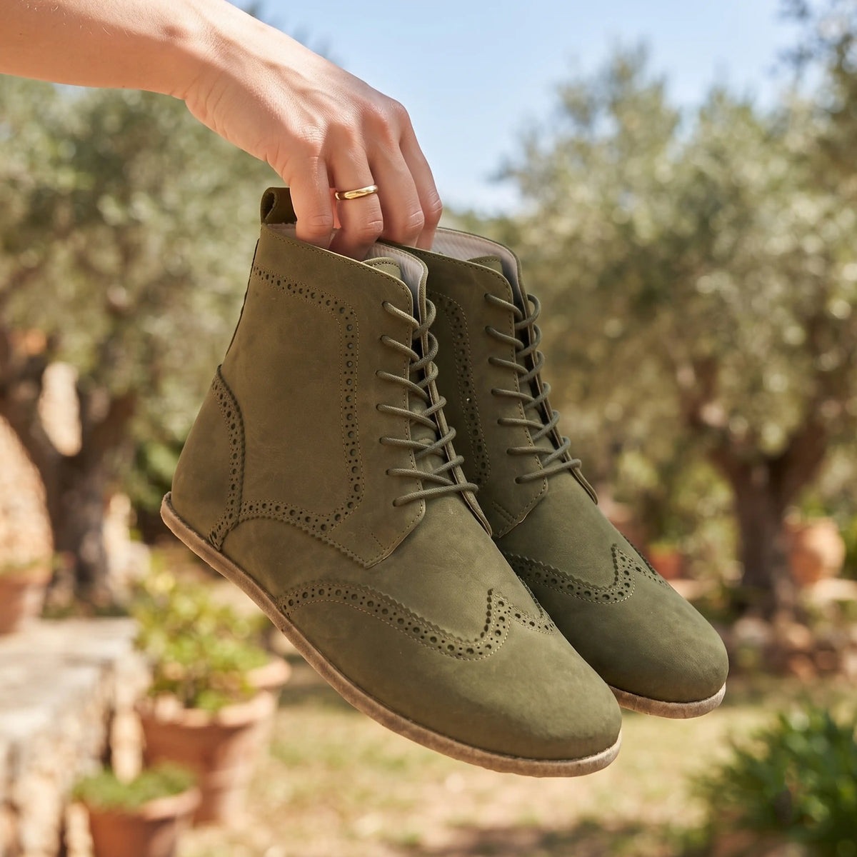 Nubuck Barefoot Moccasin Boots Shoes – Classic Sole — Leather Sole – Green