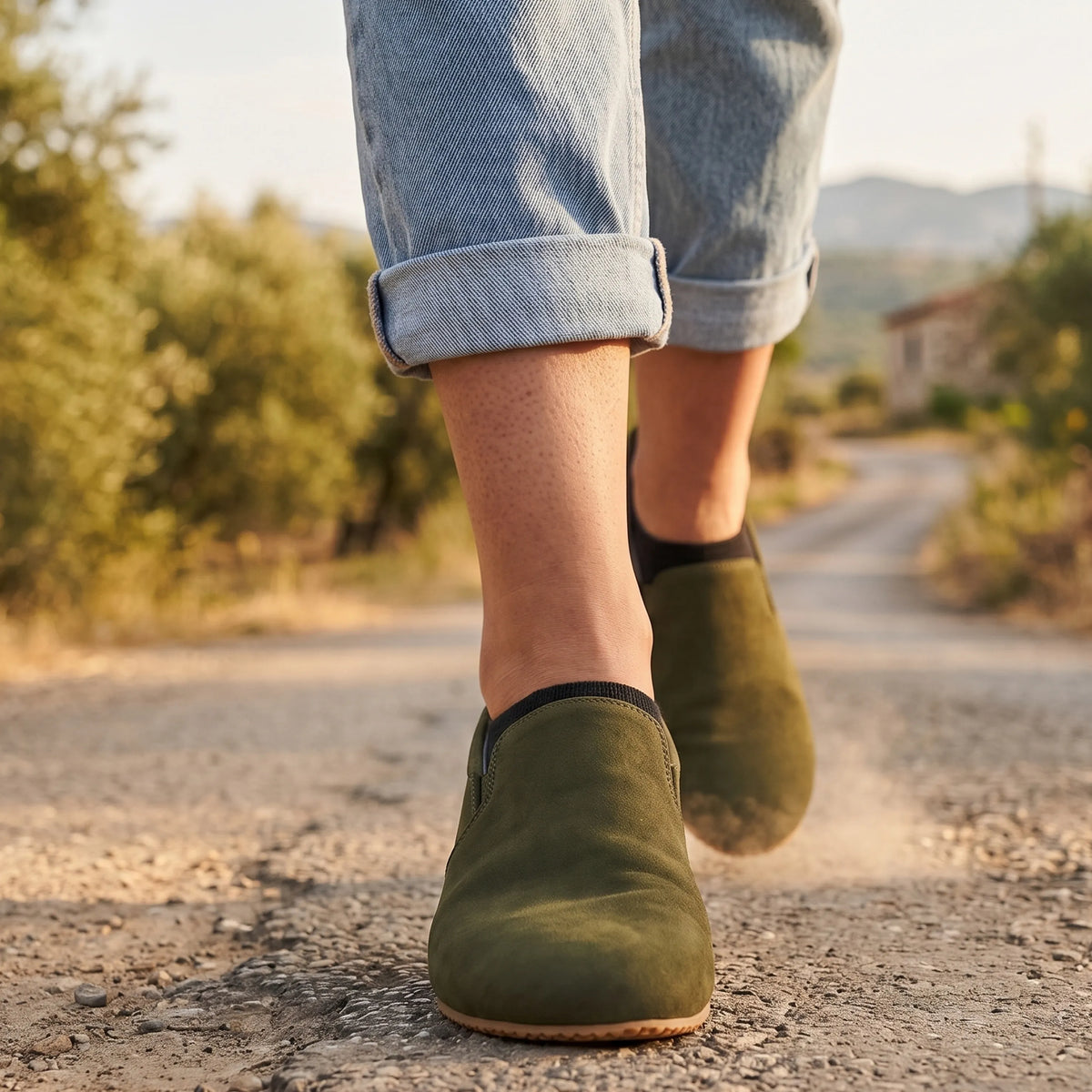 Nubuck Barefoot Slip-On Shoes – Rubber Sole – Green