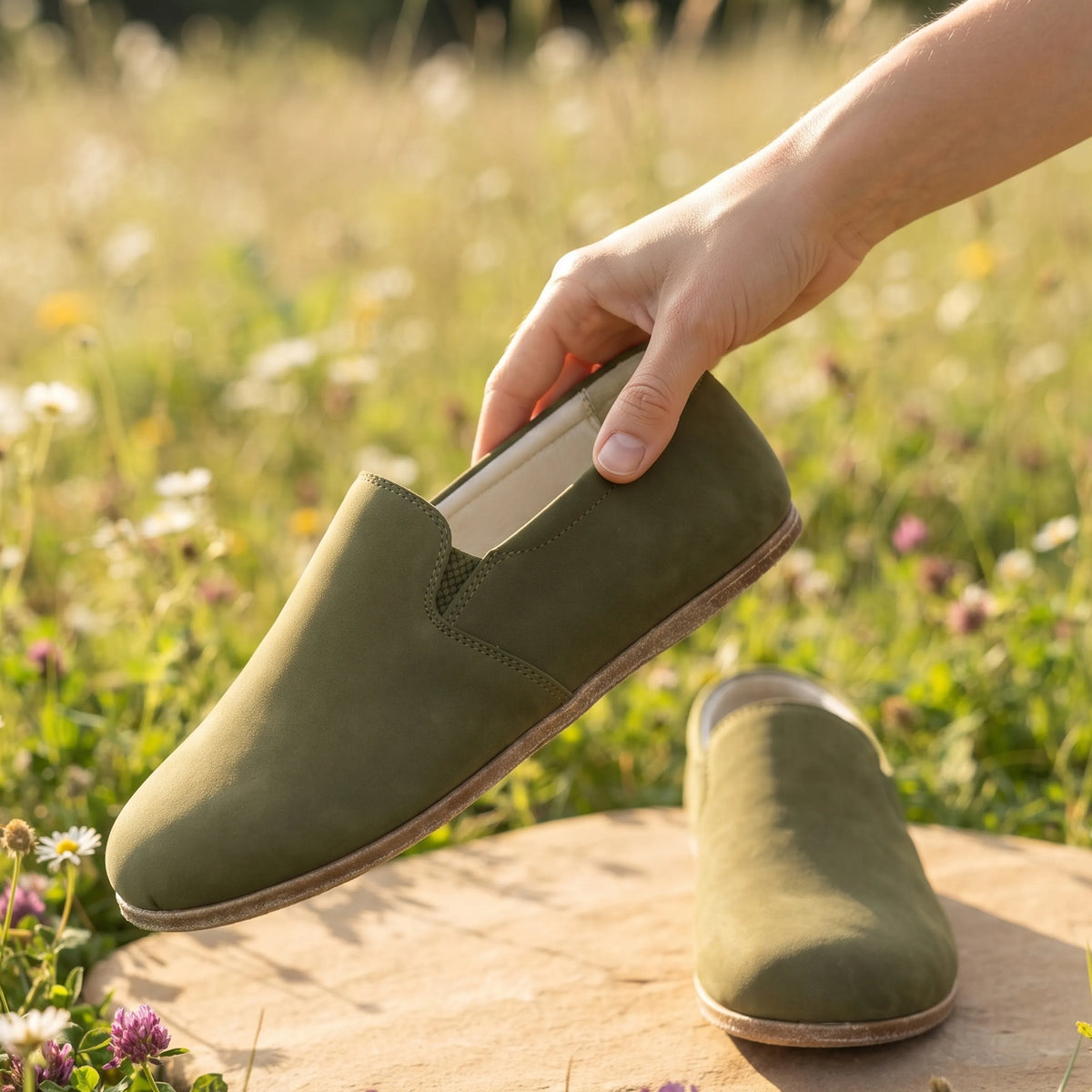 Nubuck Barefoot Slip-On Shoes – Classic Sole — Leather Sole – Green