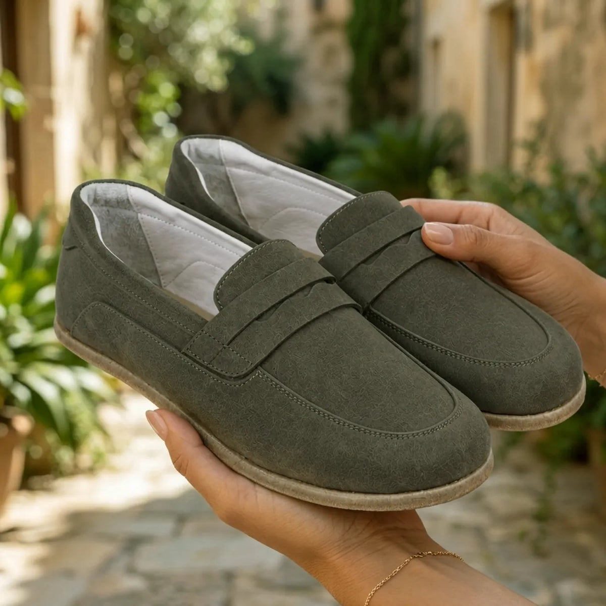 Suede Barefoot Penny Loafer Shoes – Classic Sole — Leather Sole – Green