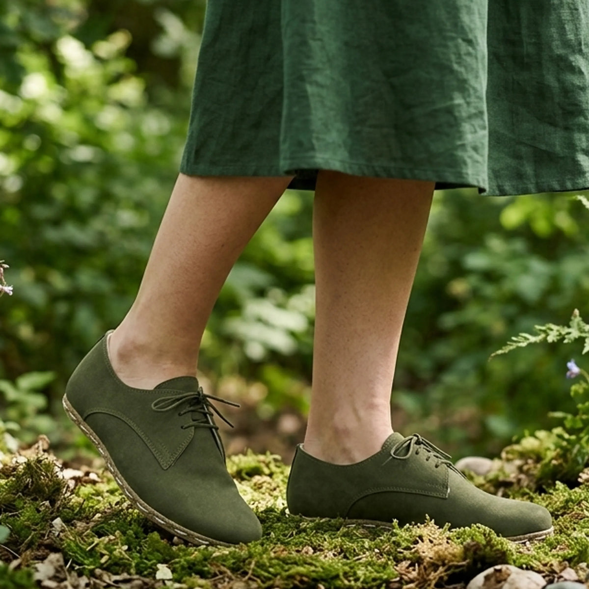 Nubuck Barefoot Oxford Shoes — Leather Sole – Green