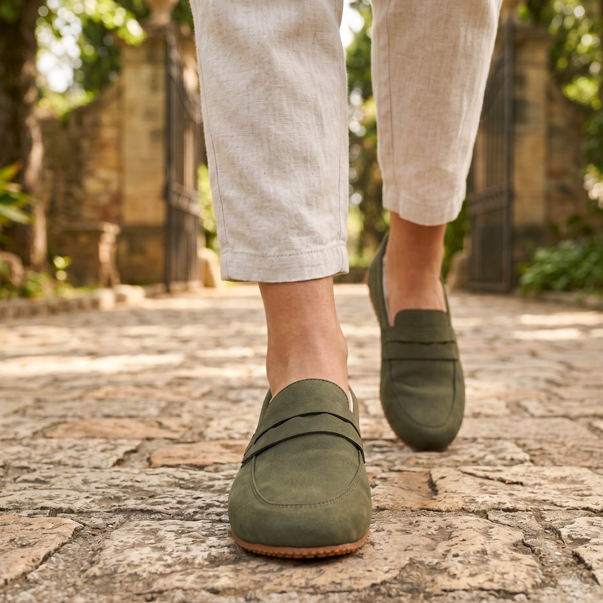 Nubuck Barefoot Penny Loafer Shoes – Rubber Sole – Green