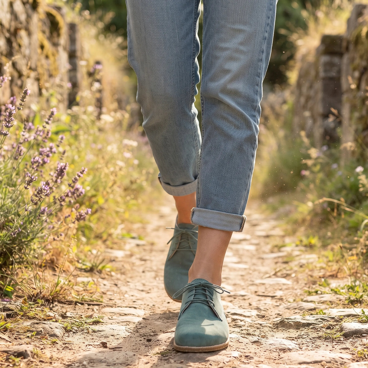 Suede Barefoot Oxford Shoes – Classic Sole — Leather Sole – Sea Blue