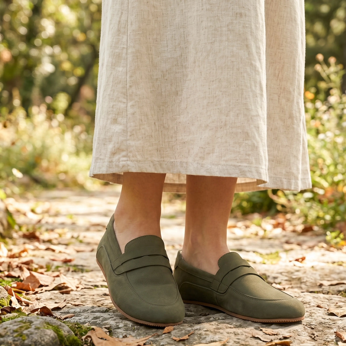 Nubuck Barefoot Penny Loafer Shoes – Rubber Sole – Green