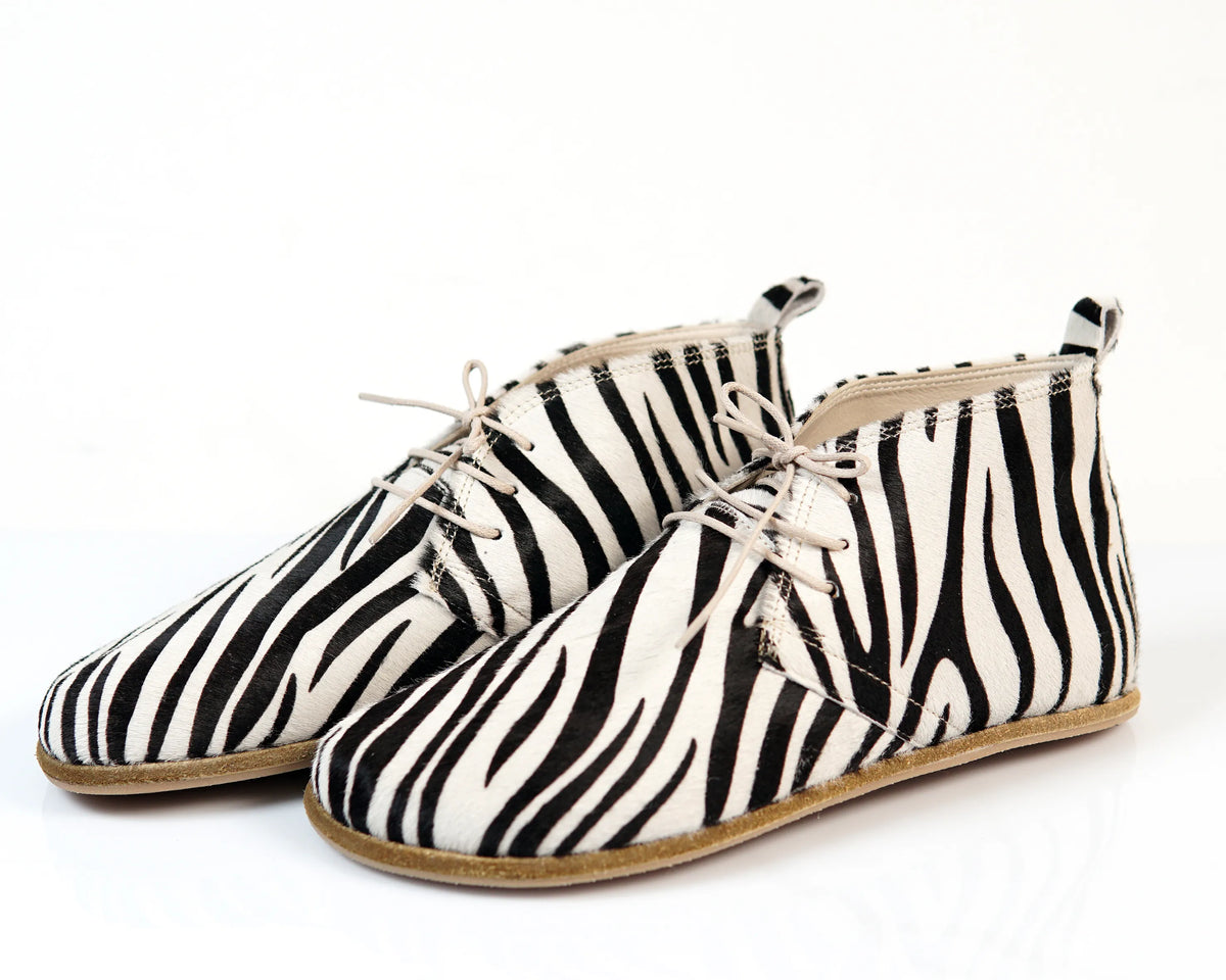 Crazy Barefoot Bootie Laces Shoes – Classic Sole — Leather Sole – Zebra