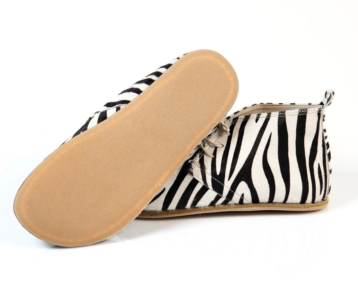 Crazy Barefoot Bootie Laces Shoes – Classic Sole — Leather Sole – Zebra