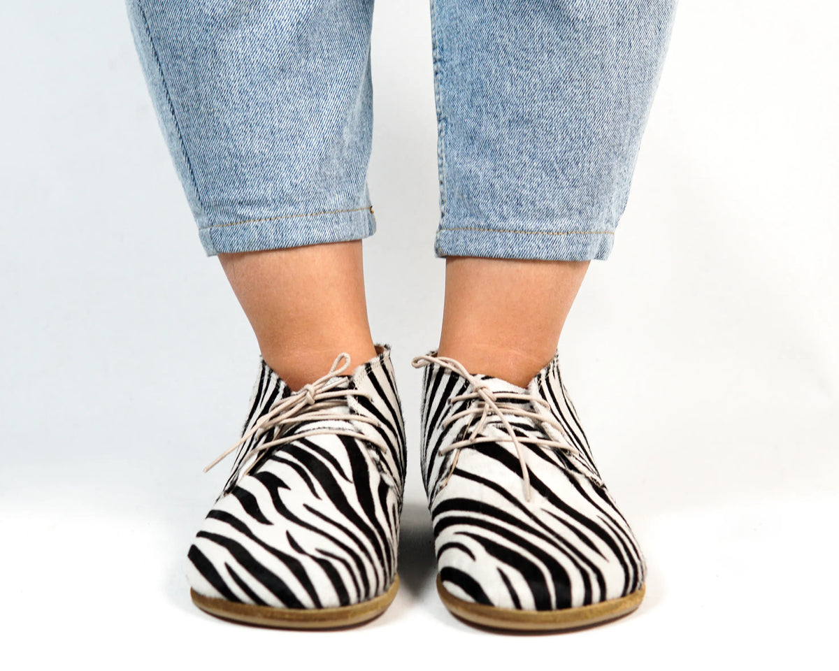 Crazy Barefoot Bootie Laces Shoes – Classic Sole — Leather Sole – Zebra