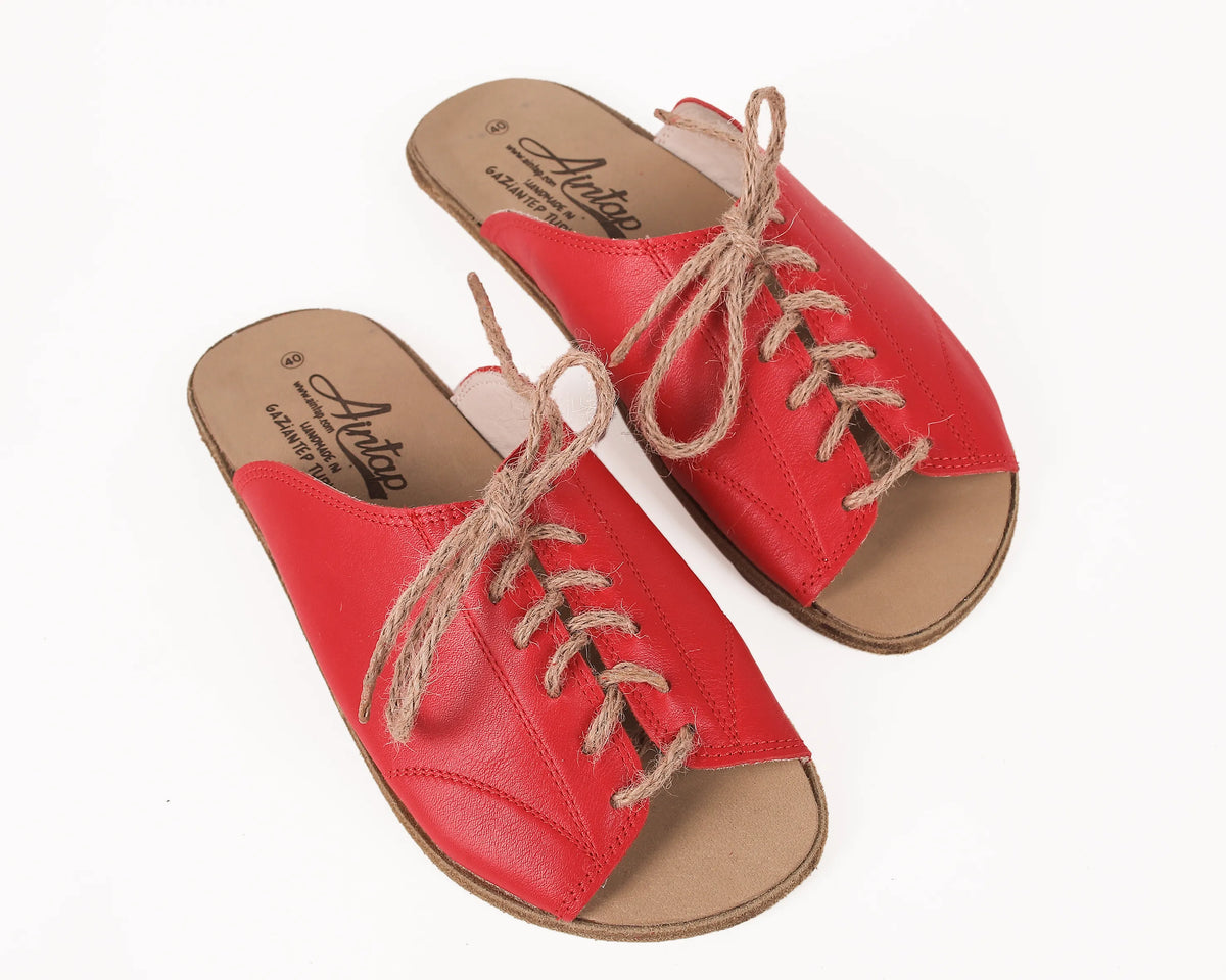 Smooth Barefoot Laces Sandals Shoes – Classic Sole — Leather Sole – Red
