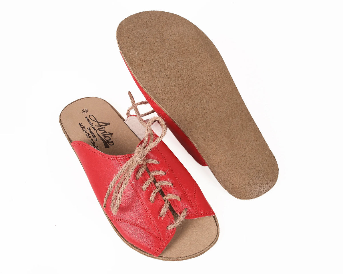 Smooth Barefoot Laces Sandals Shoes – Classic Sole — Leather Sole – Red