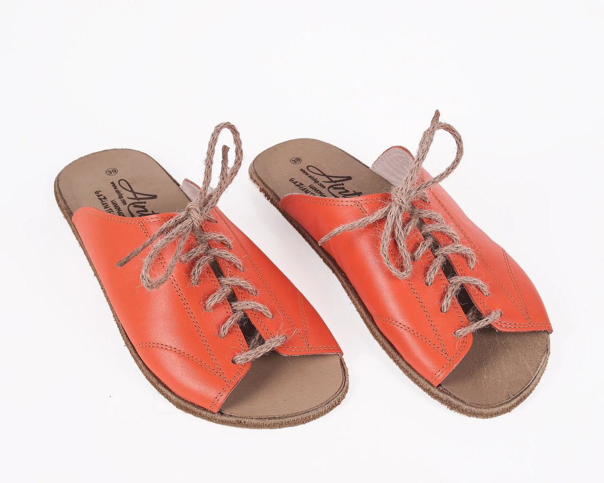 Smooth Barefoot Laces Sandals Shoes – Classic Sole — Leather Sole – Orange