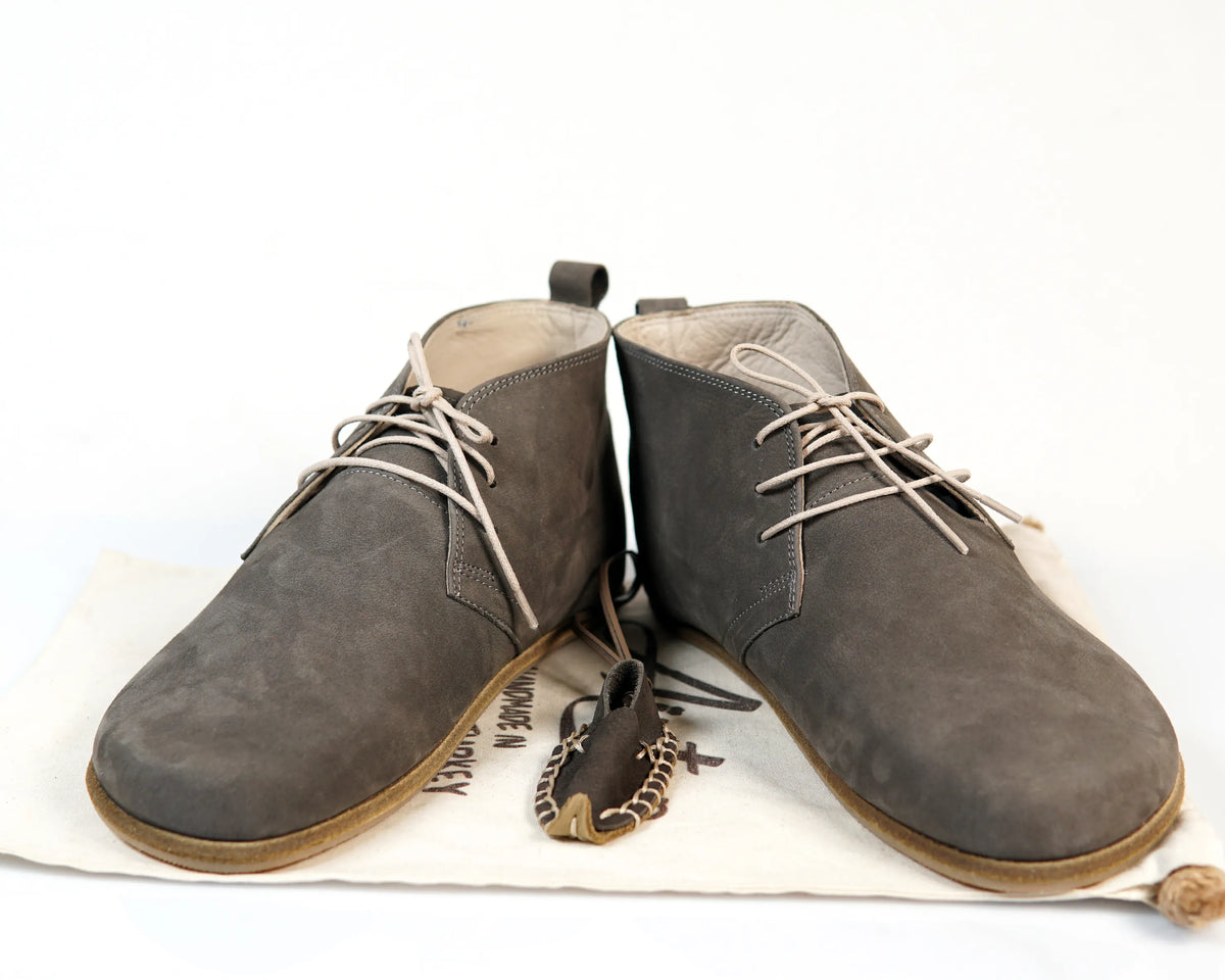 Nubuck Barefoot Bootie Laces Shoes – Classic Sole — Leather Sole – Gray
