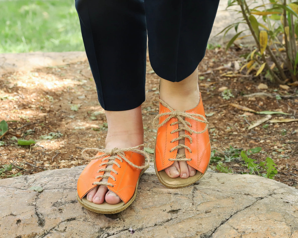Smooth Barefoot Laces Sandals Shoes – Classic Sole — Leather Sole – Orange