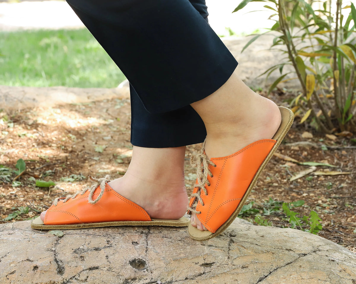 Smooth Barefoot Laces Sandals Shoes – Classic Sole — Leather Sole – Orange