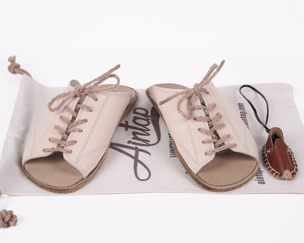 Smooth Barefoot Laces Sandals Shoes – Classic Sole — Leather Sole – Cream