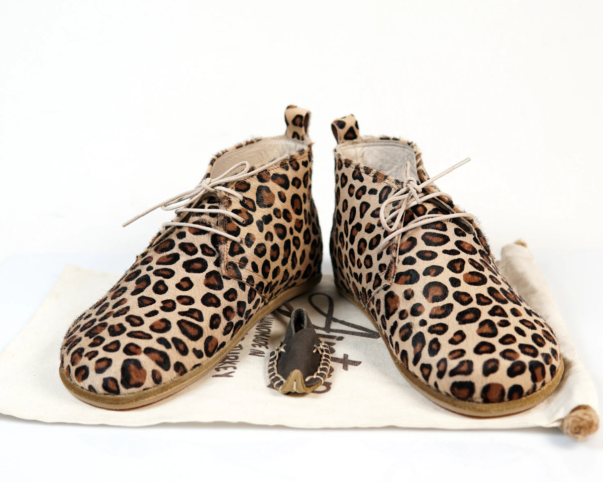 Crazy Barefoot Bootie Laces Shoes – Classic Sole — Leather Sole – Leopard