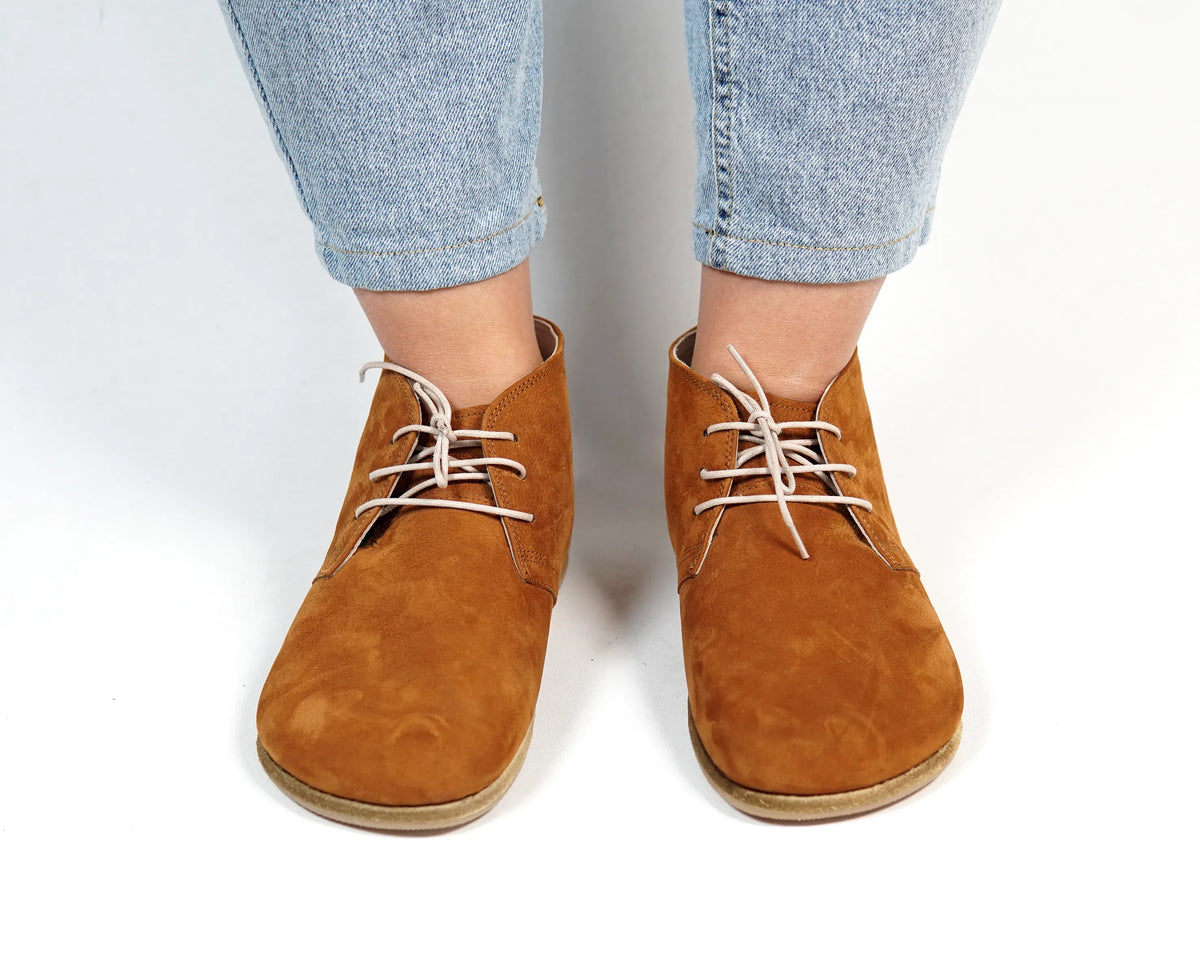 Nubuck Barefoot Bootie Laces Shoes – Classic Sole — Leather Sole – Tan