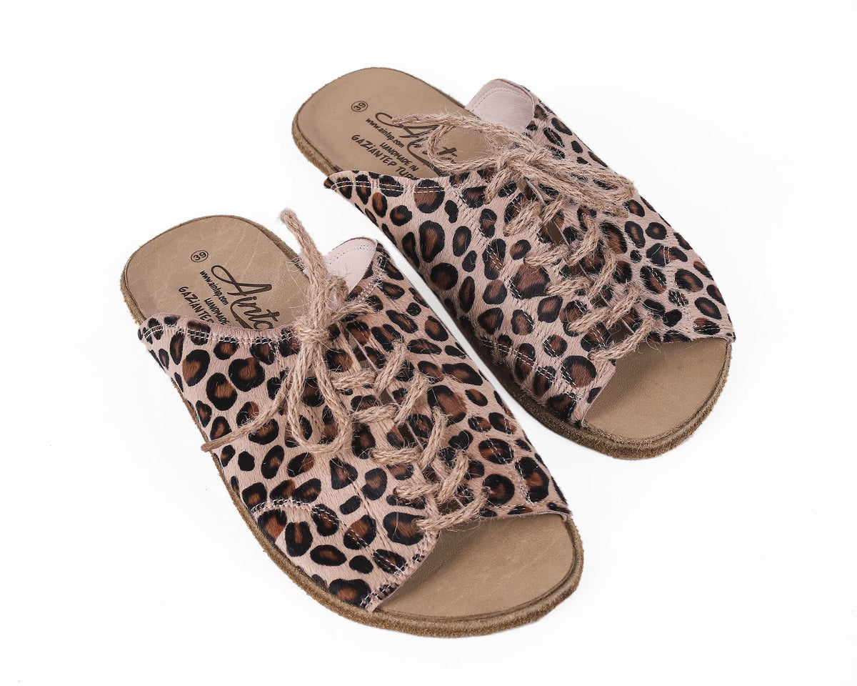 Hair Barefoot Laces Sandals Shoes – Classic Sole — Leather Sole – Leopard