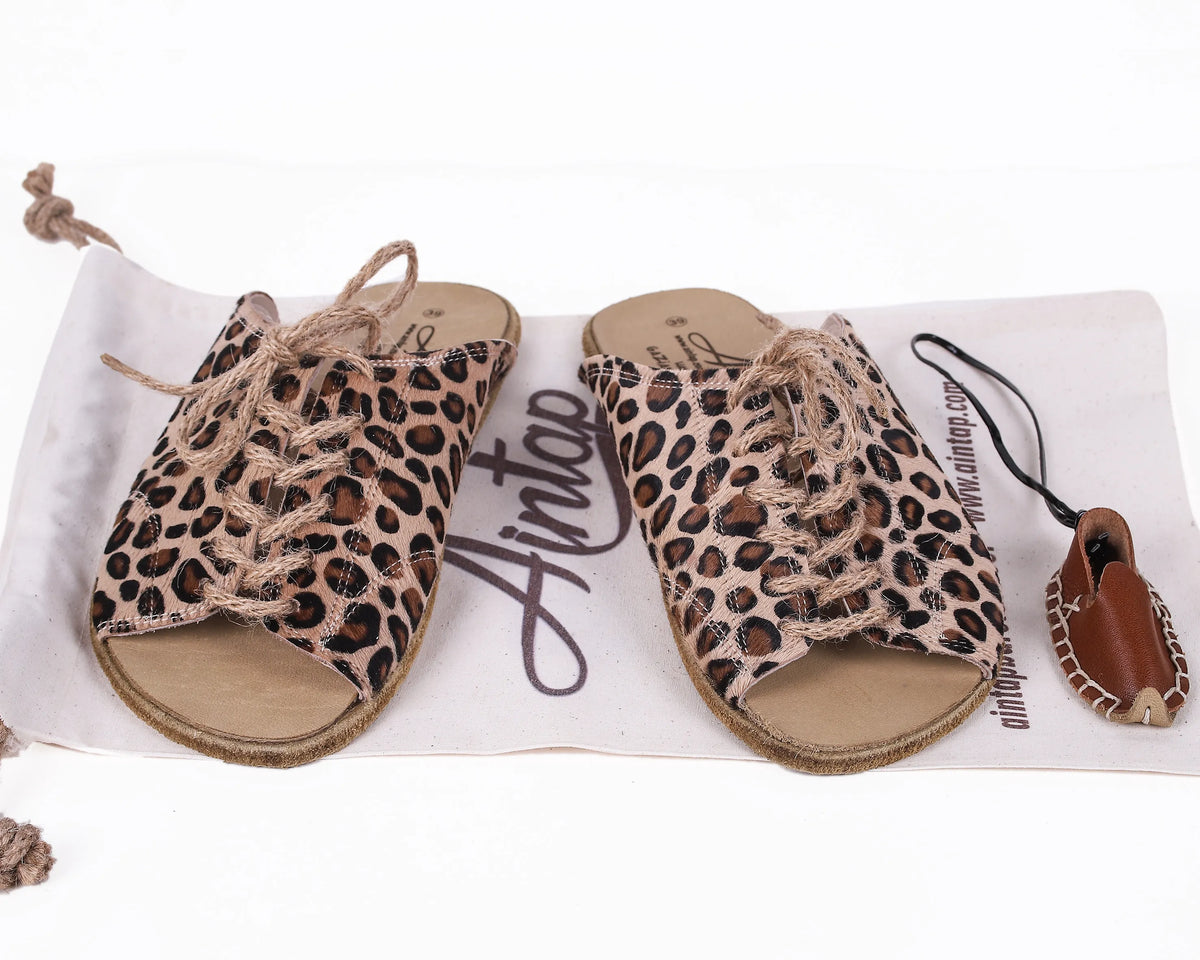 Hair Barefoot Laces Sandals Shoes – Classic Sole — Leather Sole – Leopard