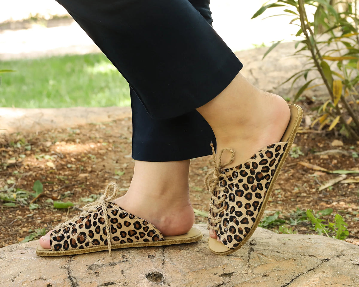 Hair Barefoot Laces Sandals Shoes – Classic Sole — Leather Sole – Leopard