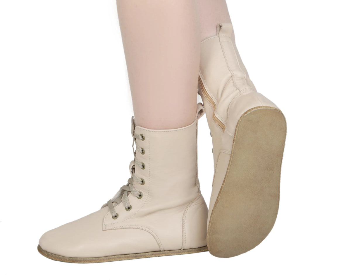 Smooth Barefoot Long Boots Shoes – Classic Sole — Leather Sole – Cream