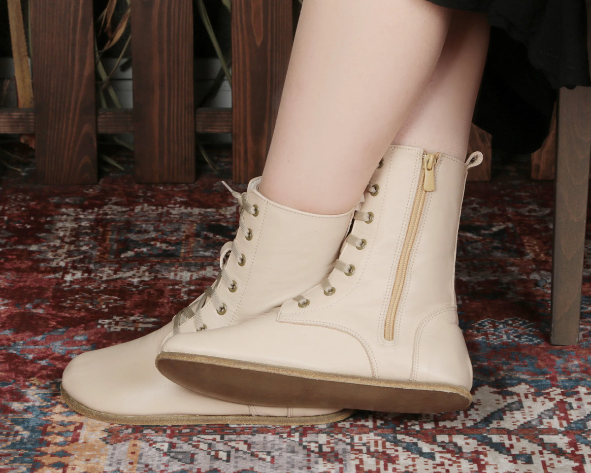Smooth Barefoot Long Boots Shoes – Classic Sole — Leather Sole – Cream
