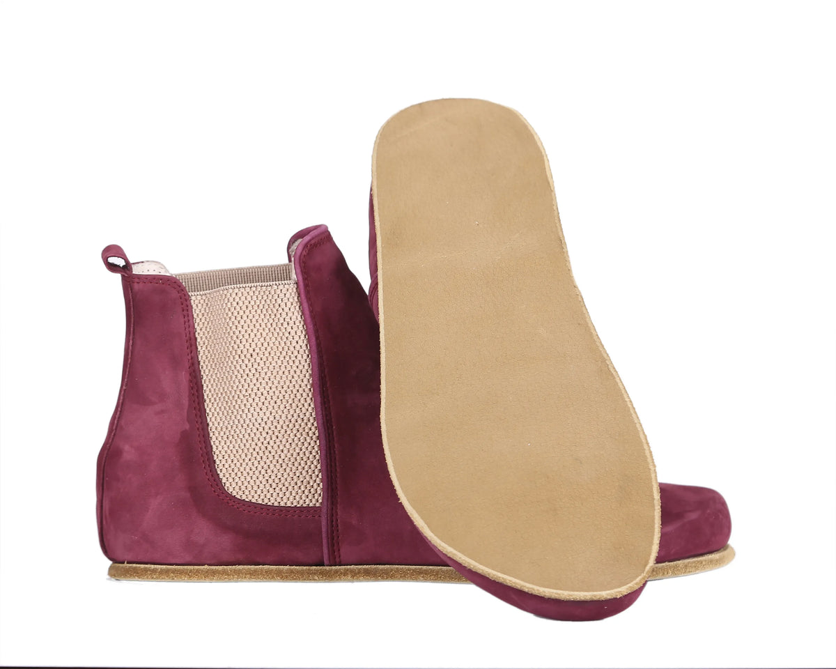 Nubuck Barefoot Chelsea Boots Shoes – Classic Sole — Leather Sole – Burgundy