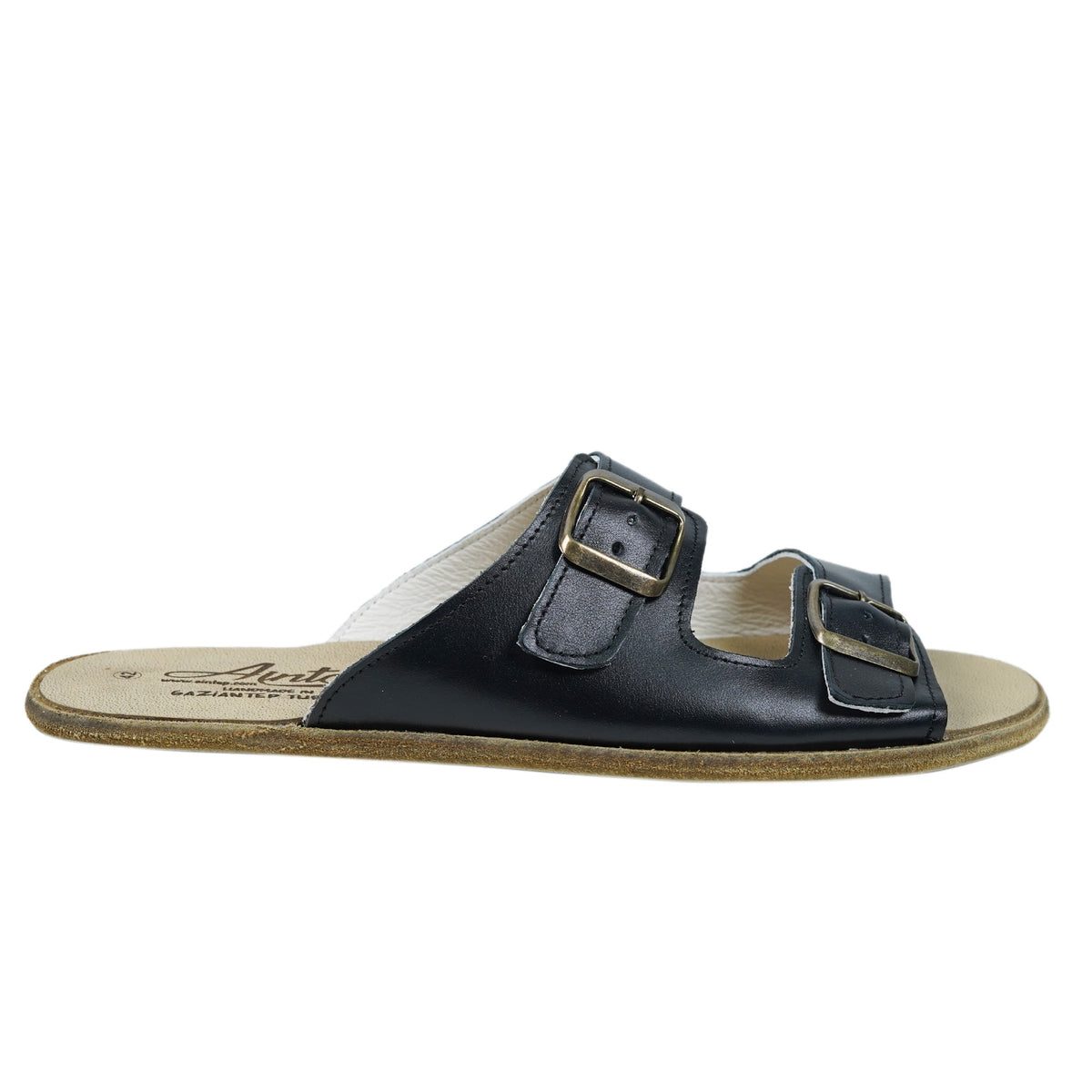Men's Barefoot Double-Strap Sandal – Leather Sole – Black, smooth leather