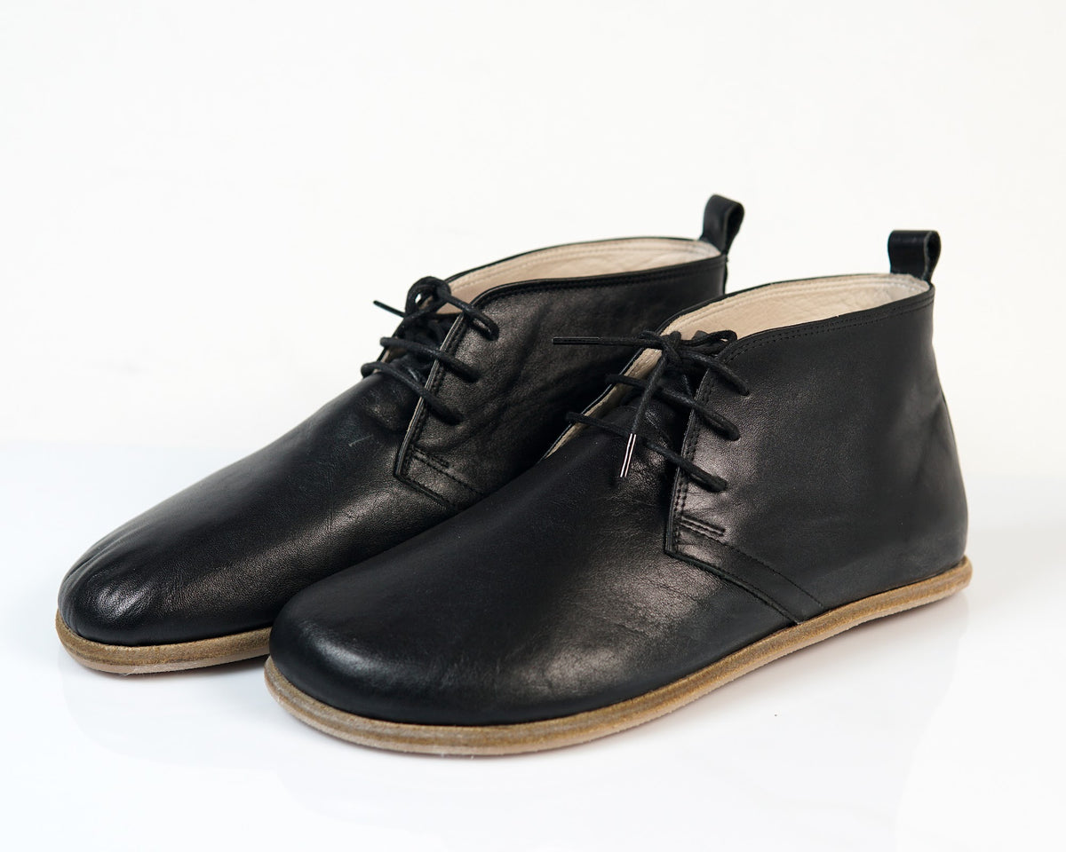 Men's Barefoot Lace-Up Bootie – Leather Sole – Black, smooth leather