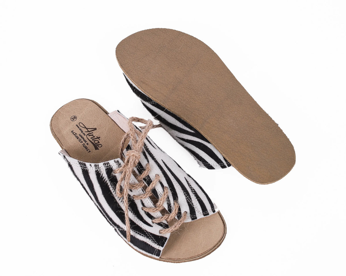 Hair Barefoot Laces Sandals Shoes – Classic Sole — Leather Sole – Zebra