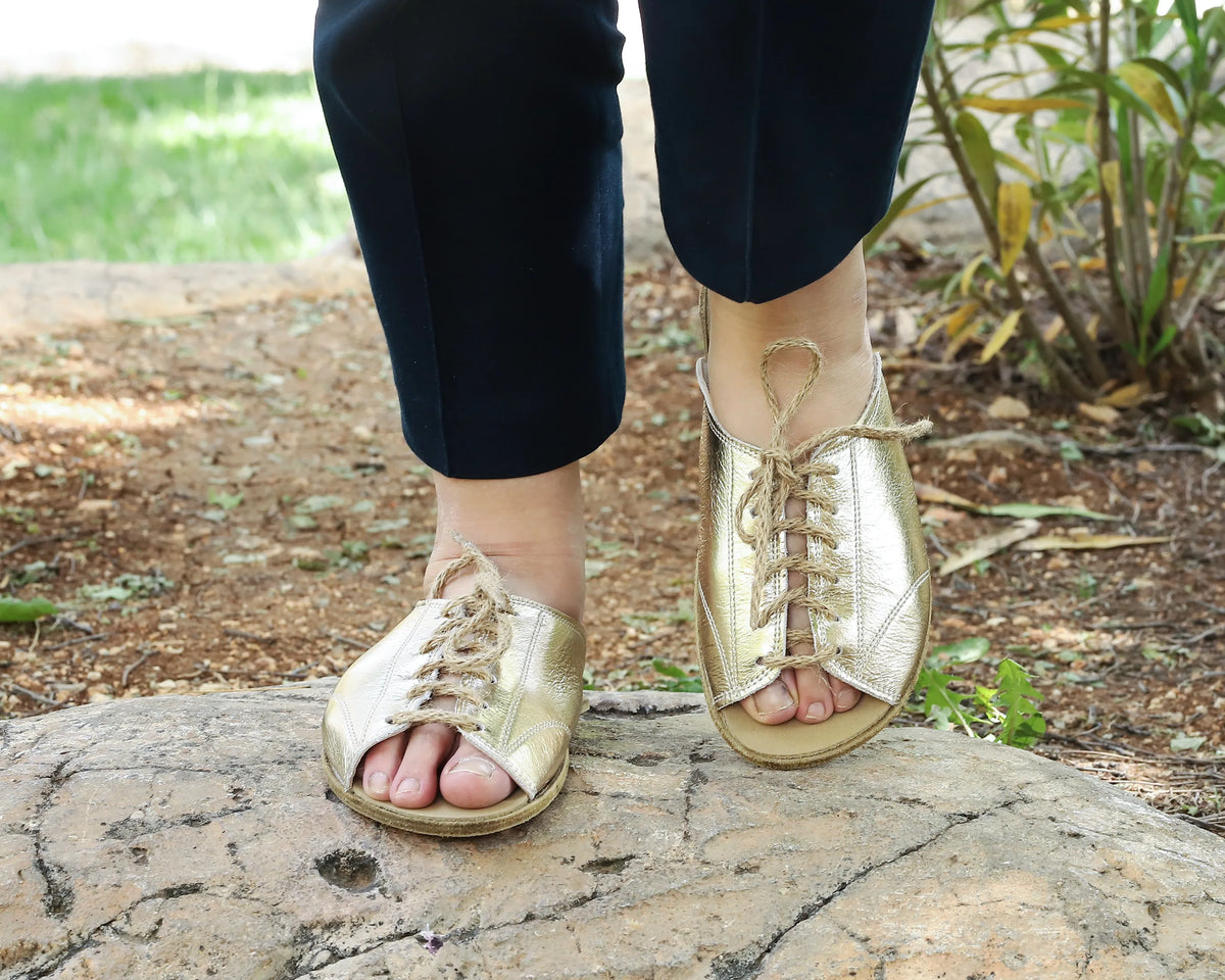 Bright Barefoot Laces Sandals Shoes – Classic Sole — Leather Sole – Gold