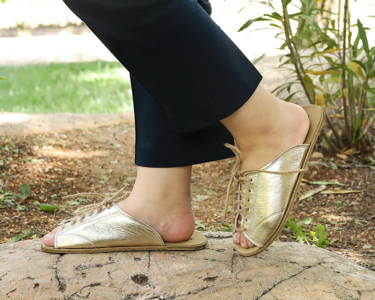 Bright Barefoot Laces Sandals Shoes – Classic Sole — Leather Sole – Gold
