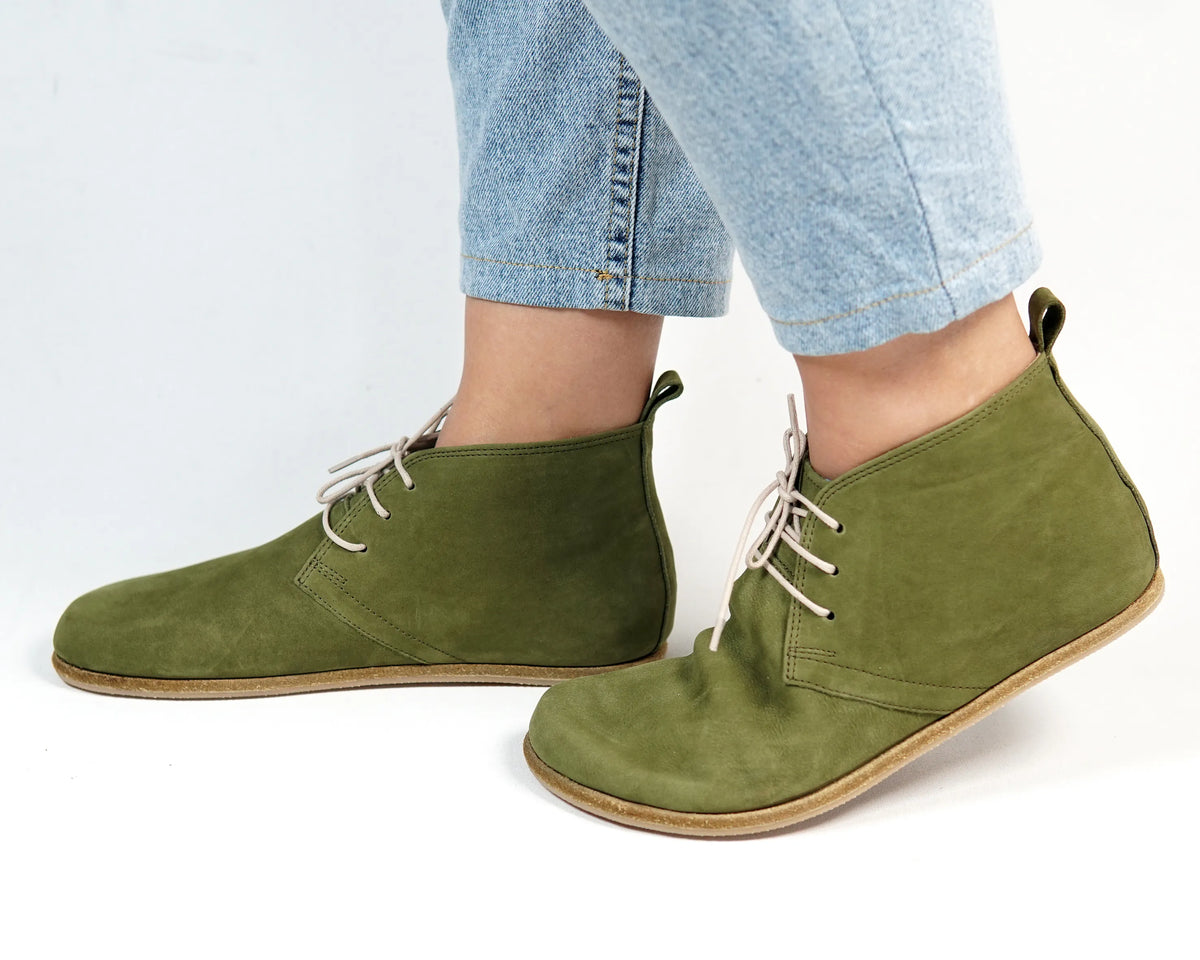 Nubuck Barefoot Bootie Laces Shoes – Classic Sole — Leather Sole – Green