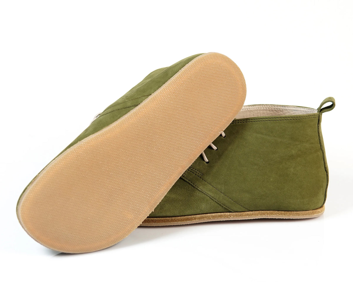 Nubuck Barefoot Bootie Laces Shoes – Classic Sole — Leather Sole – Green