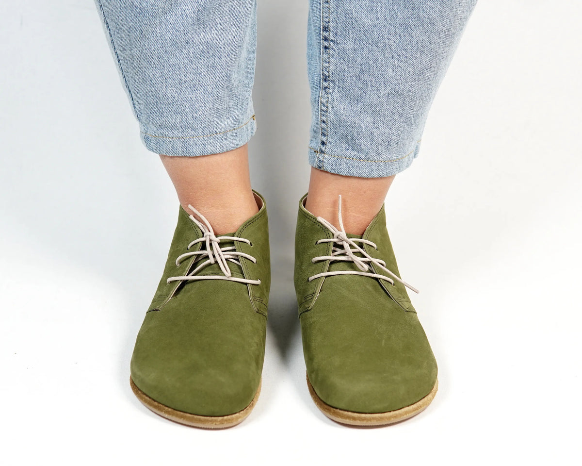 Nubuck Barefoot Bootie Laces Shoes – Classic Sole — Leather Sole – Green